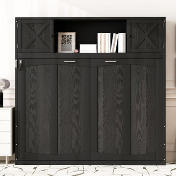 Queen Murphy Bed with Storage Cabinets, Wood Murphy Bedframe with Bookcase Shelves, Folding Wall Bed Cabinet for