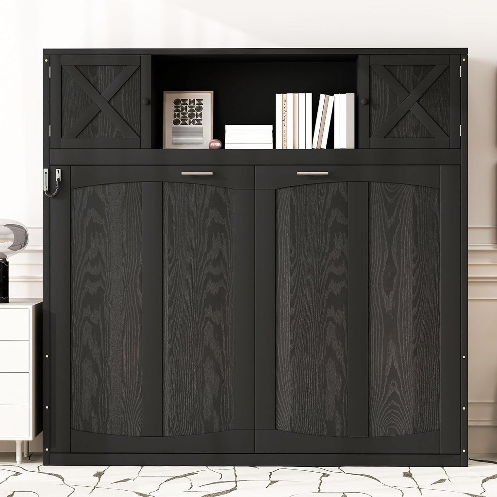Full Horizontal Murphy Bed with Storage, Farmhouse Wooden Wall Bed with Cabinets and Bookcase, Space-Saving Foldable