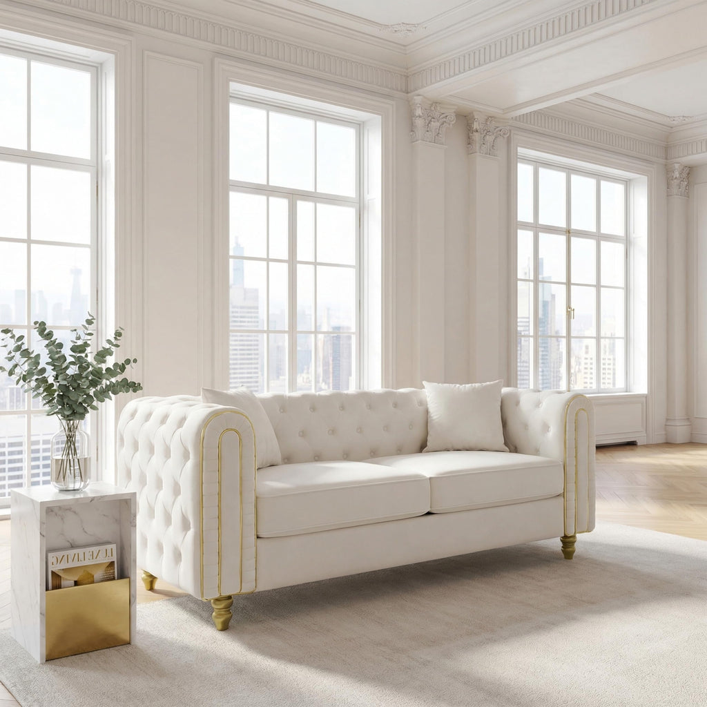 Chesterfield 63" Loveseat White Velvet Sofa, 2-Seater Couch Comfy Velvet Sofa, Button Tufted Rolled Arms and Gold