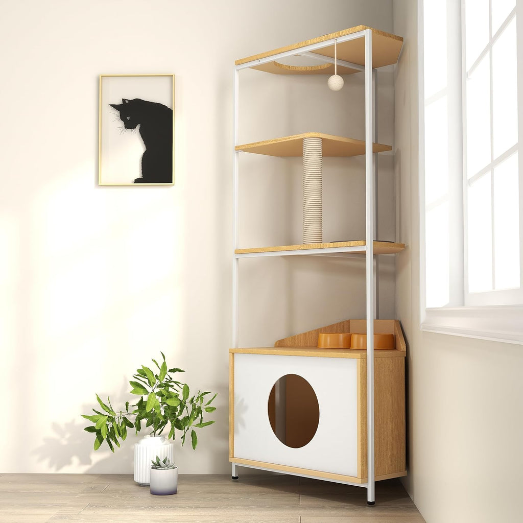 Corner Cat Tree Cat Tower Cat Condo Cat House Furniture, White + Light Oak