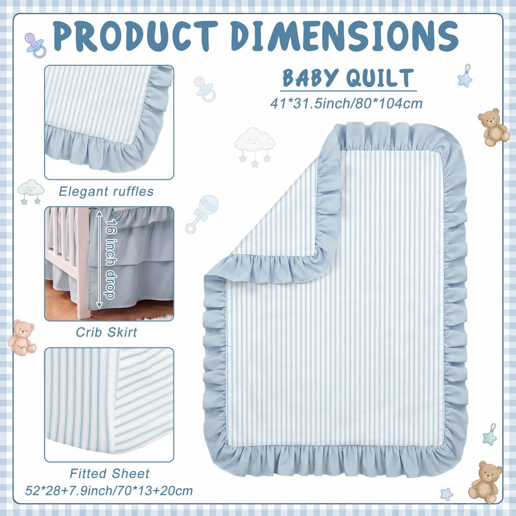 3 Piece Blue Stripe Crib Bedding Set with Sheet and Skirt