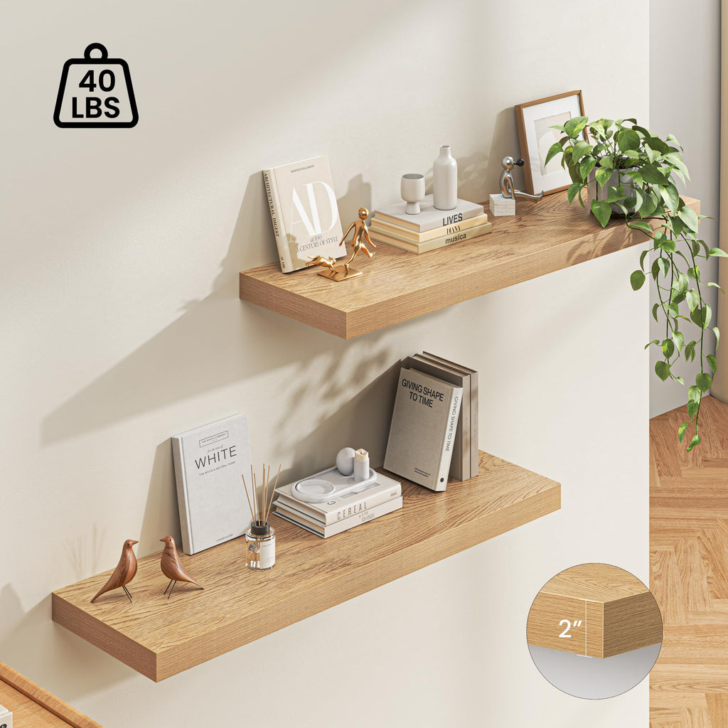 48" Floating Shelves for Wall, 12" Deep Thicker Oak Floating Shelves, Wall-Mounted Shelves - Set of 2