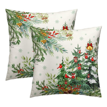 Christmas Tree Pillow Covers 16x16 Set of 2 Watercolor Green Pine Trees Bells Pillow Cases Winter Snowflake Nature