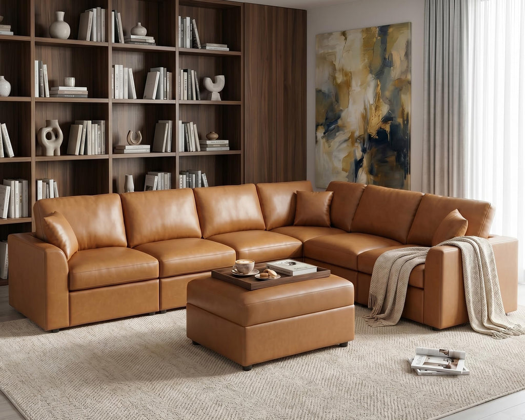 Oversized Leather Modular Sectional Sofa, Brown