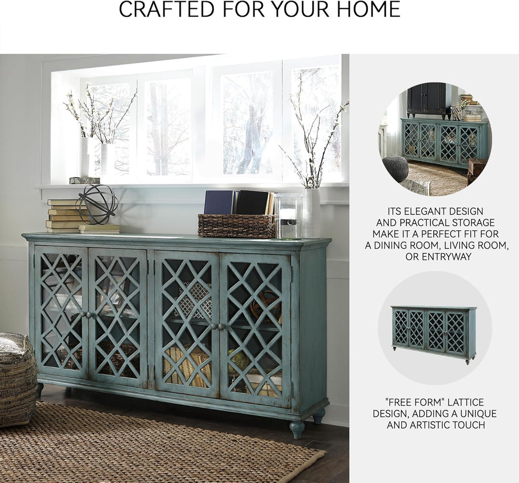 Mirimyn Vintage 69" 4-Door Accent Cabinet with Mirrored Glass and 2 Adjustable Shelves, Antique Blue