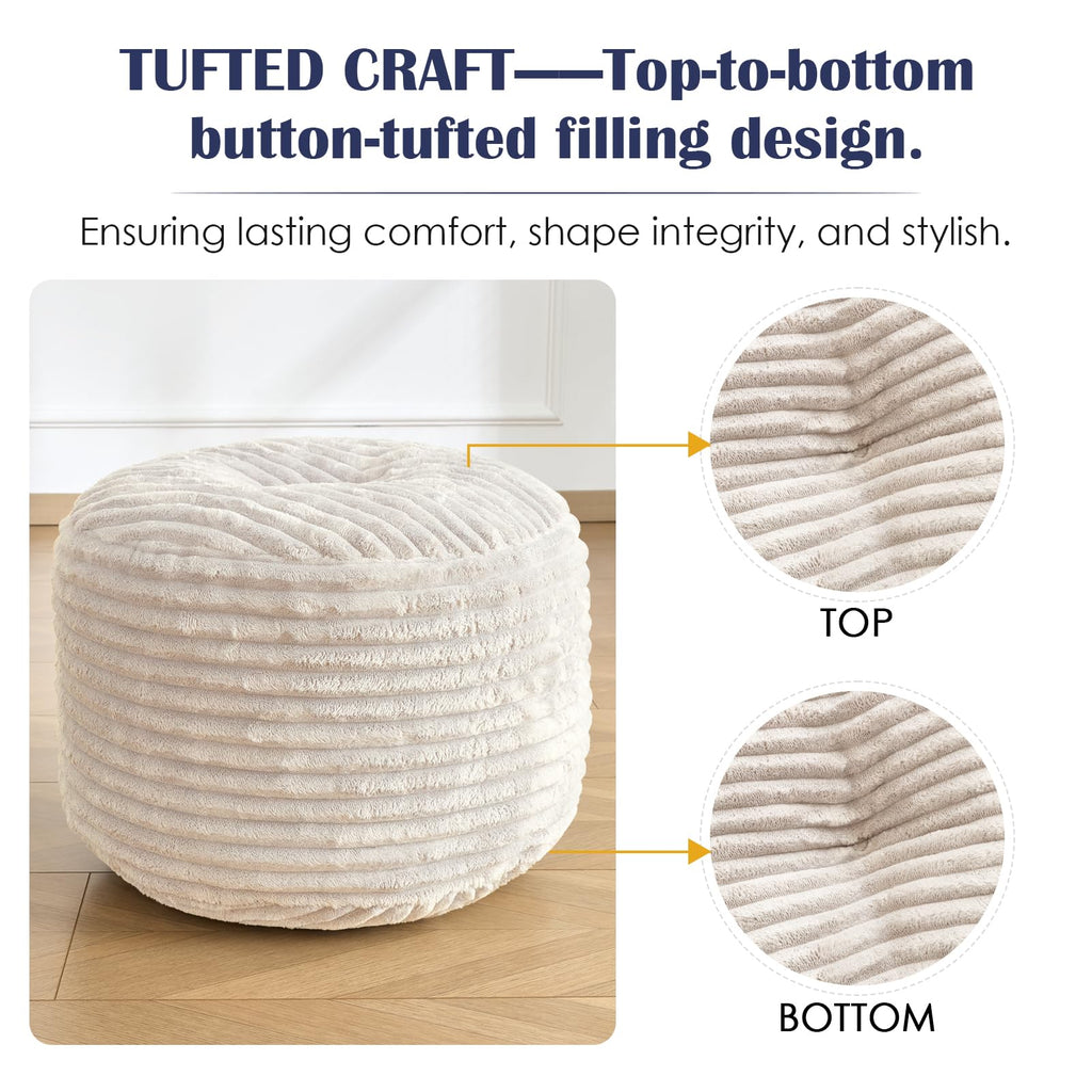 Stuffed Round Ottoman, Pouf Ottoman Foot Rest, 18 X 14, Beige