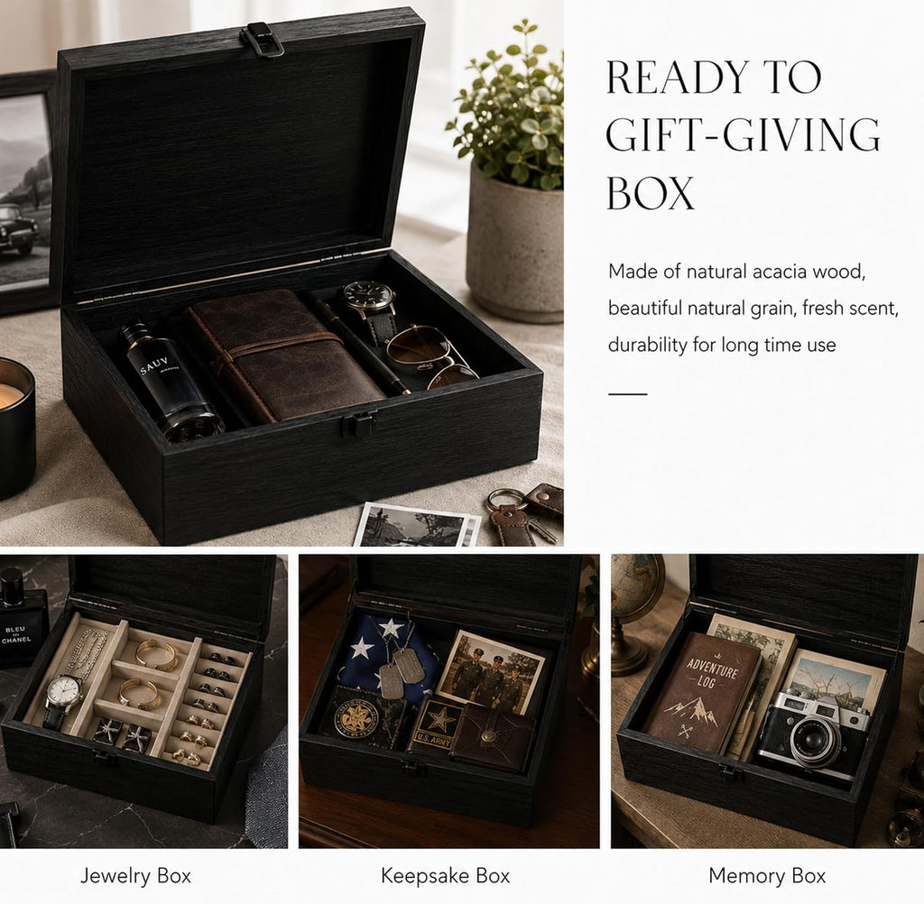 Keepsake Box,Large Acacia Wooden Memory Box Jewelry Box and Photo Storage Box for Wedding Baby Shower Decorative