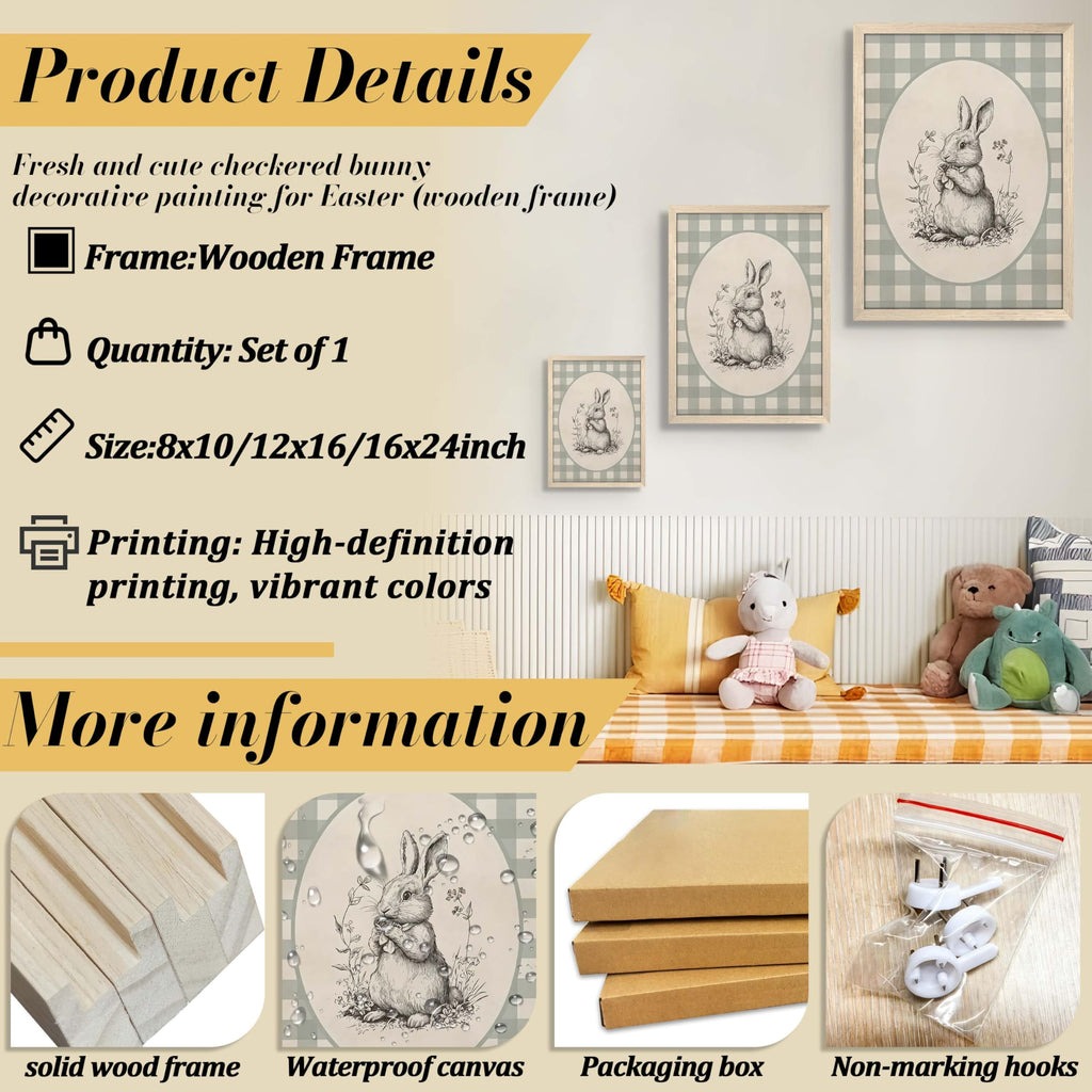 Framed Easter Bunny Wall Art, Cute Rabbit Easter Canvas Print Paintings, Rustic Farmhouse Spring Animal Wall Decor