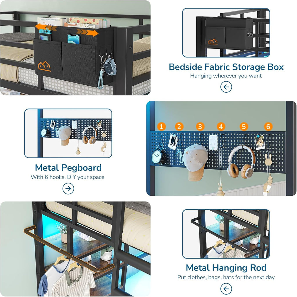 Twin Over Full Bunk Bed with 4 Storage Drawers and Bookshelf, Metal Bunk Beds with LED Lights, Charging Station