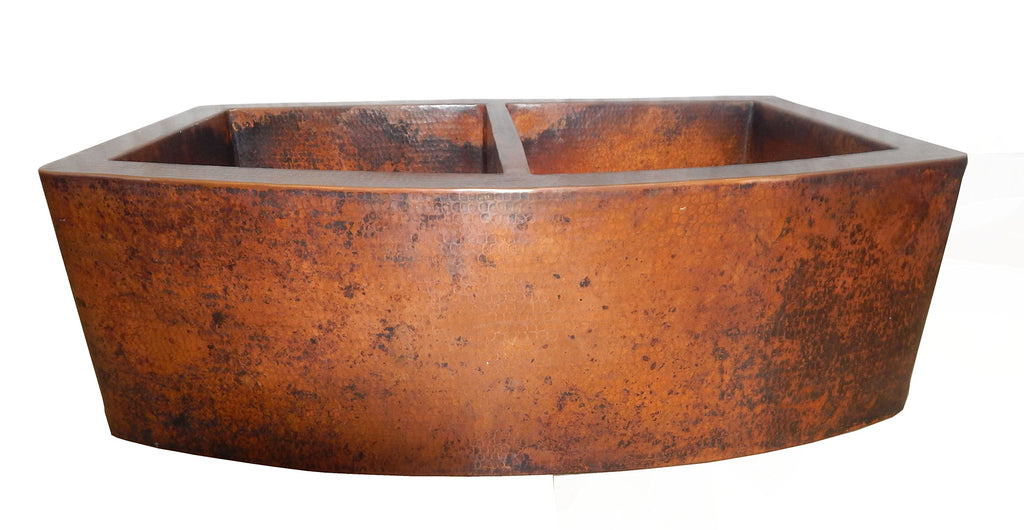 Rounded Apron Front Farmhouse Kitchen Double Bowl Mexican Copper Sink 50/50