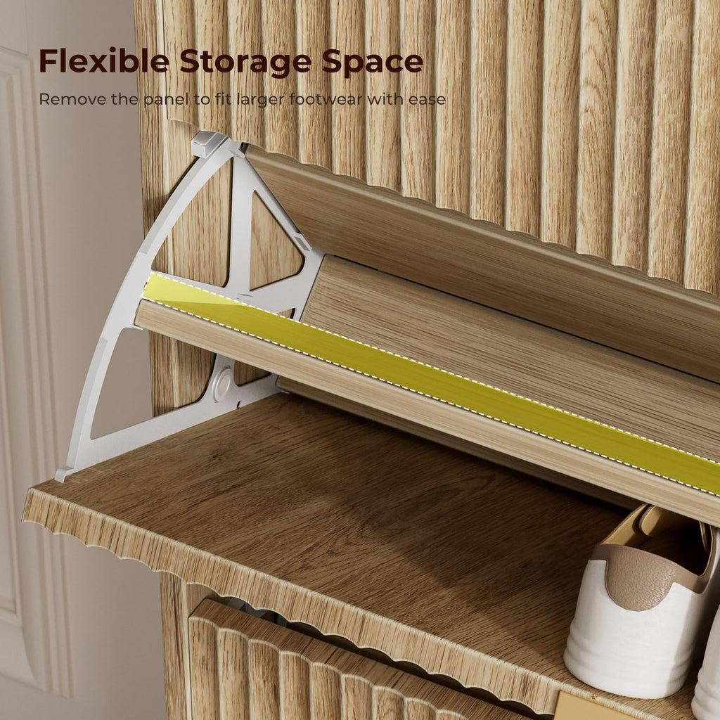 31.5''W Oak Shoe Cabinet Storage, Fluted Slim Shoe Dresser with 3 Flip Drawers, Narrow Shoe Rack Cabinet, Hidden