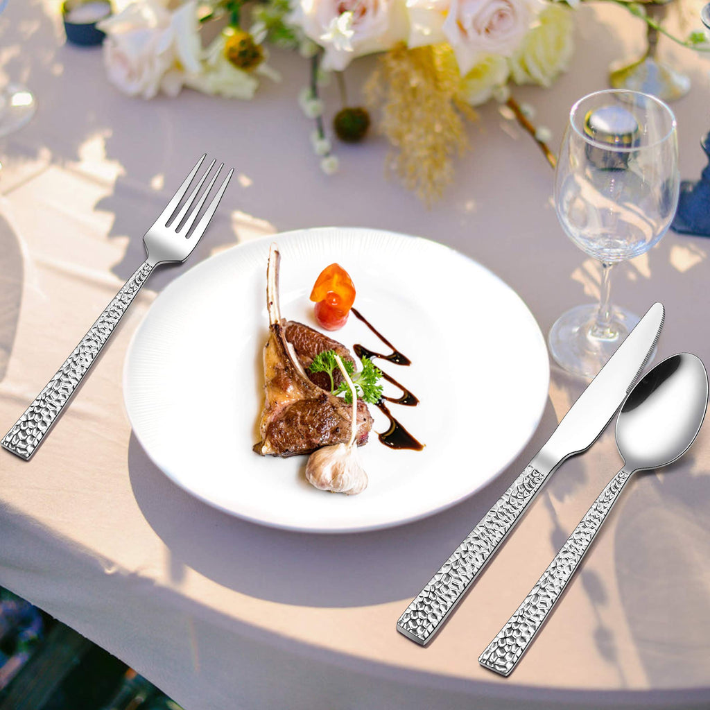 24-Piece Hammered Silverware Set with Extra Salad Forks, Stainless Steel Square Flatware Cutlery Set for 4, Fancy