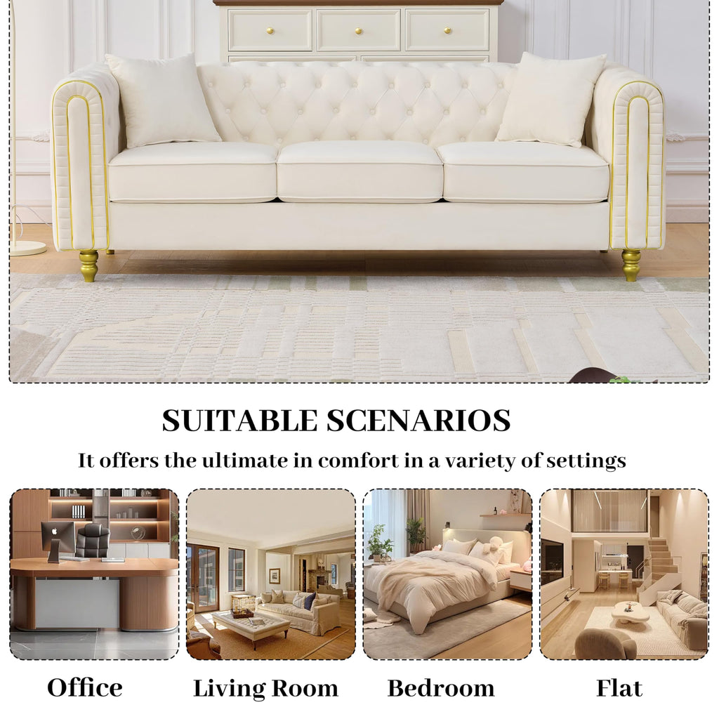 Chesterfield 86" 3-Seater White Sofa Sets, 3+2-Seater Couch Comfy Sofa, Button Tufted Rolled Arms and Gold Legs for