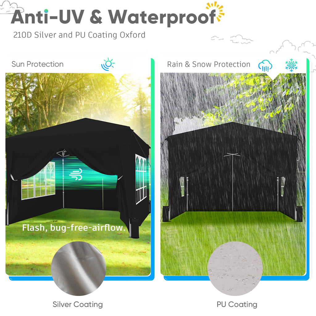 10x10 Pop Up Canopy Tent, One Push One Person Setup, Black