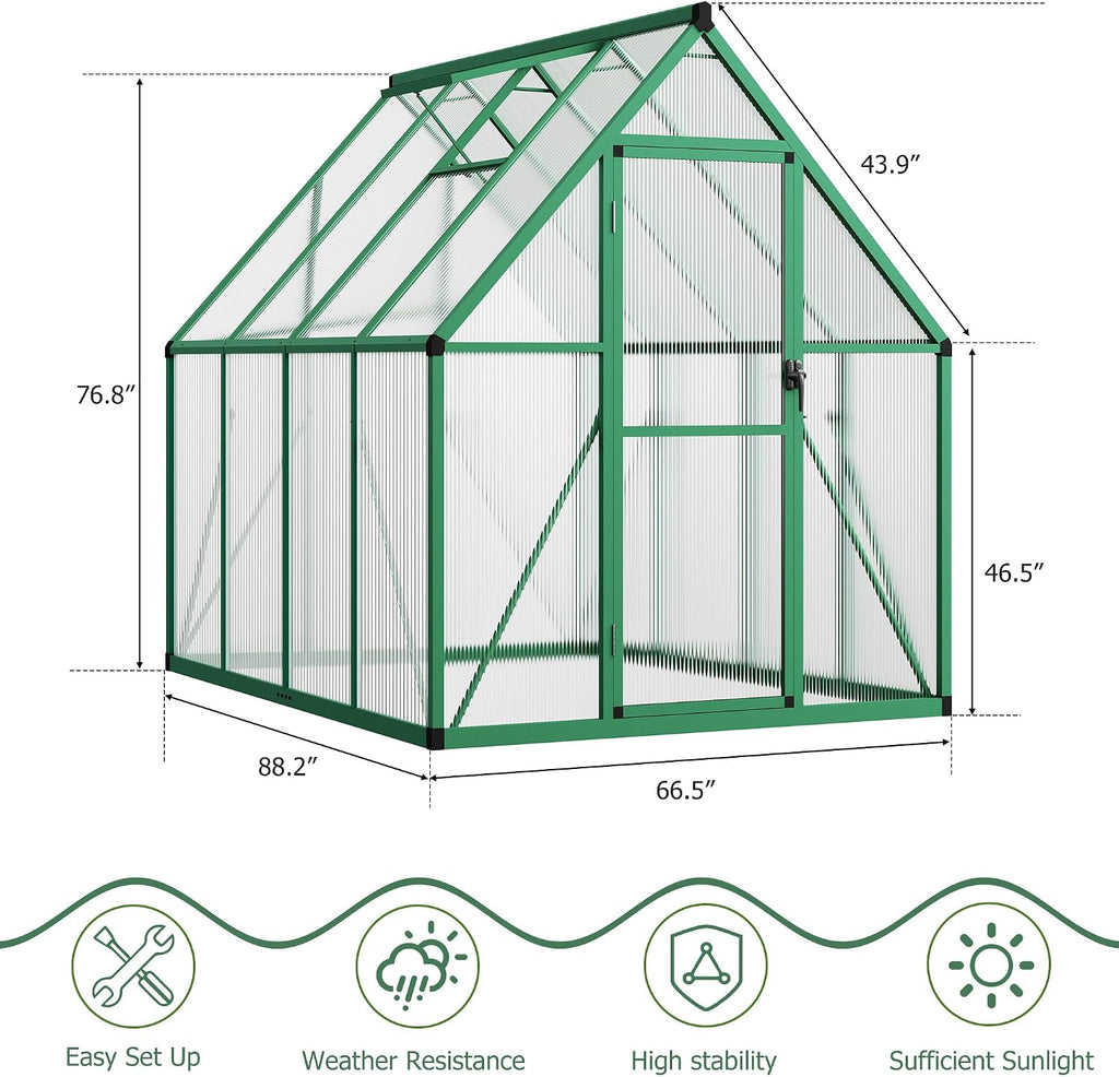 8x12 FT Outdoor Greenhouse, Polycarbonate Greenhouse with Roof Vent and Ground Nails, Aluminum Large Walk-in Green