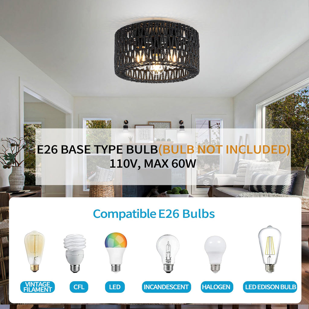 Rattan Ceiling Light Fixture, 3-Light Bohemian Modern Woven Ceiling Light, Black Boho Flush Mount Ceiling Light