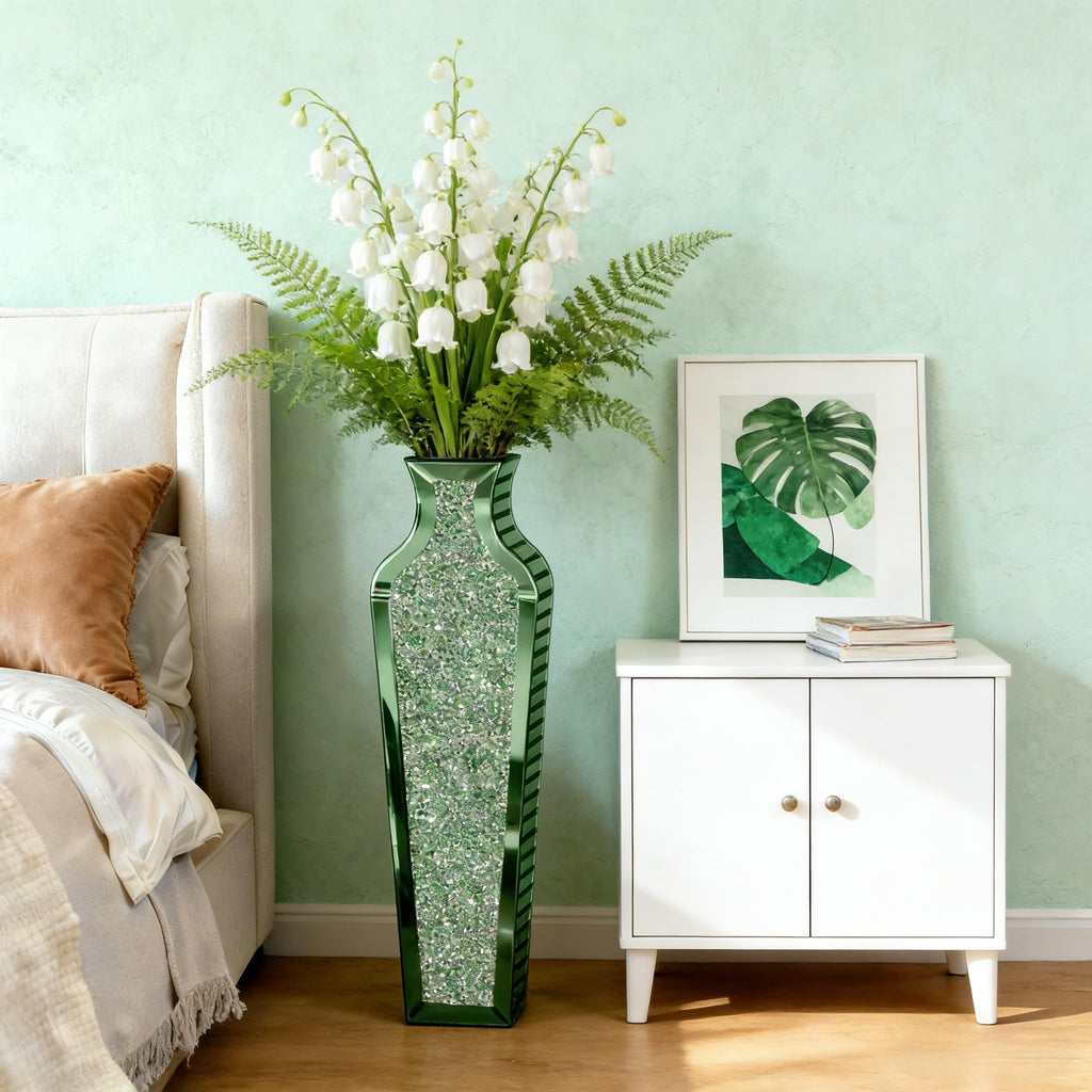 Green Crushed Diamond Floor Vase, Large Mirrored Tall Vases for Floor, Modern Glass Decorative Vases Bedroom Home