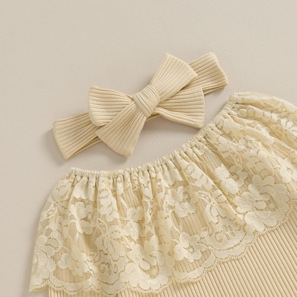 Girl Clothes Lace off shoulder knit sweater Romper Bodysuit Flare Pants Bow headband set 3Pcs Newborn Fall Outfit