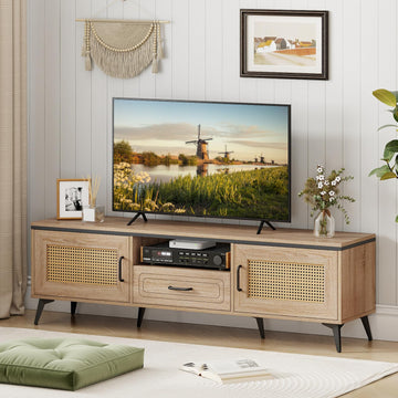 Boho TV Stand for Tvs up to 65", Wood Entertainment Center with Storage Cabinets, Drawer, Cable Hole, Metal Legs, Mid