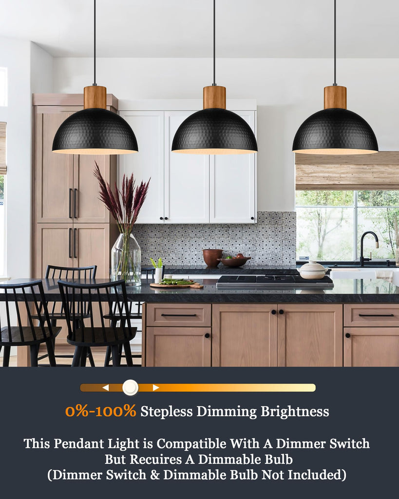 2 Pack Hammered Pendant Lights, 12" Industrial Metal Dome Hanging Lamp, Solid Wood Pendant Light Fixtures Island