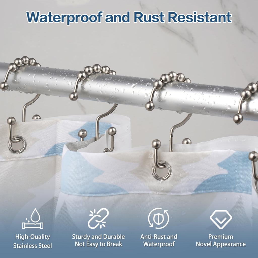 Shower Curtain Hooks, Rust Proof Metal Easy Glide Double Rings, Stainless Steel Hangers Curtains, Set of 12, Brushed