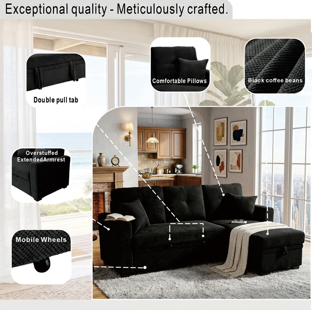 71" Sleeper L Shaped Sofa with Pull Out Bed, 3 Seater Sectional Sleeper Sofa with Reversible Chaise, Modular