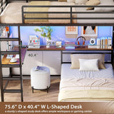 Bunk Bed Twin Over Twin with Hall Tree, Charging Station and LED Lights, L-Shaped Bunk Bed with Desk