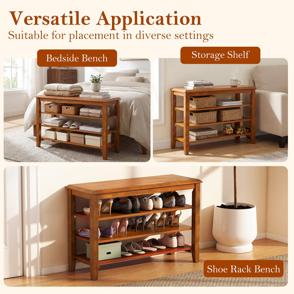 4-Tier Shoe Rack Bench, Rubber Wood Entryway Bench with Adjustable Shelves, Mid-Century Modern Shoe Storage Bench