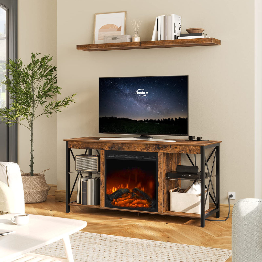 Fireplace TV Stand with Charging Station and LED Lights, TV Stand with Fireplace for TVs up to 55", Entertainment