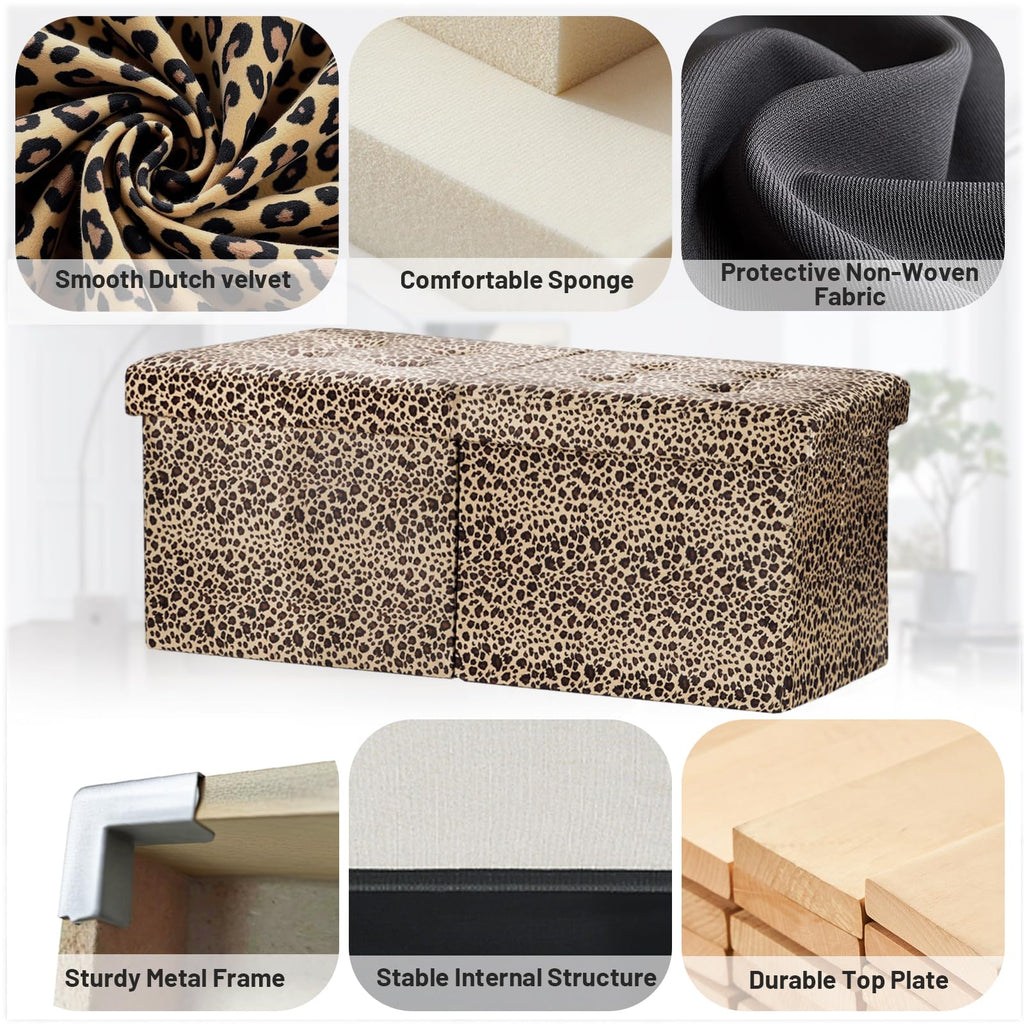 Storage Ottoman Bench, 34" Folding Velvet Foot Rest, Leopard Print