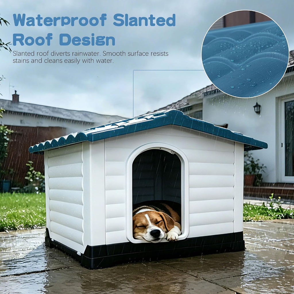 Outdoor Indoor Dog House for Small Dogs, 2-Door Plastic Dog House with Elevated Floor and Air Vents, Weatherproof Pet