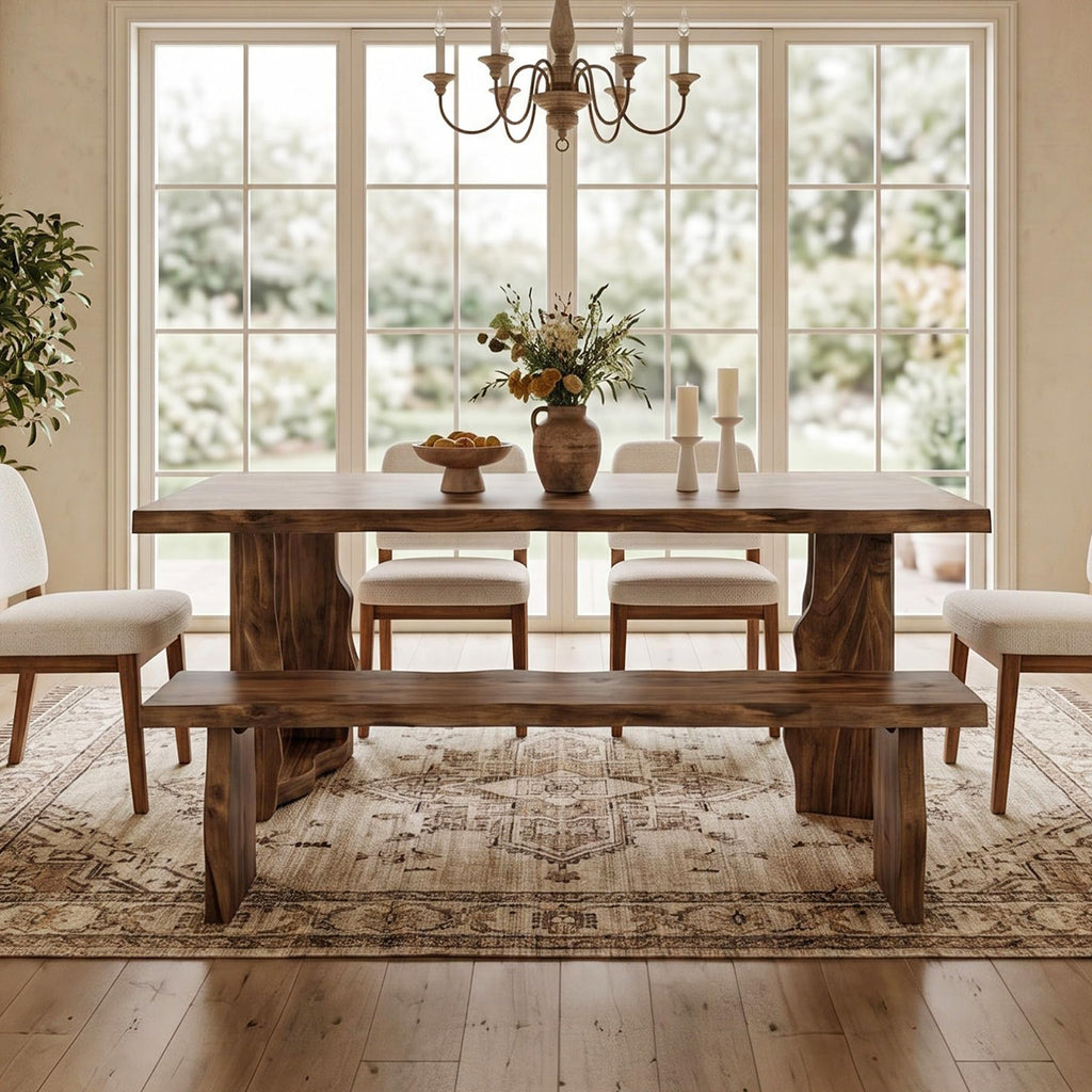 63" Live Edge Solid Wood Dining Table, Modern Rustic Kitchen Table with Sculptural Legs, 6-Person Rectangular Dinner