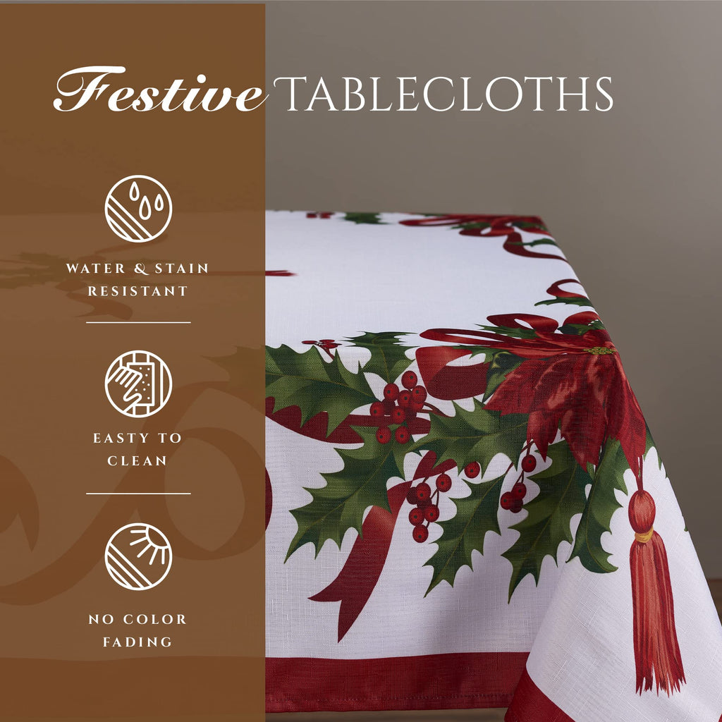 Christmas Ribbon Tablecloth (60 x 84 Inch) for 5 Foot Rectangle Tables, Heavy Duty Fabric, Stain Proof Xmas Ribbon