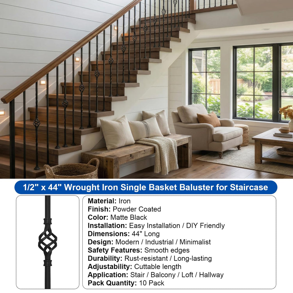 10 Pack 44" Iron Single Basket Balusters for Staircase Interior, 1/2" Hollow Stair Balusters, Matte Black Metal