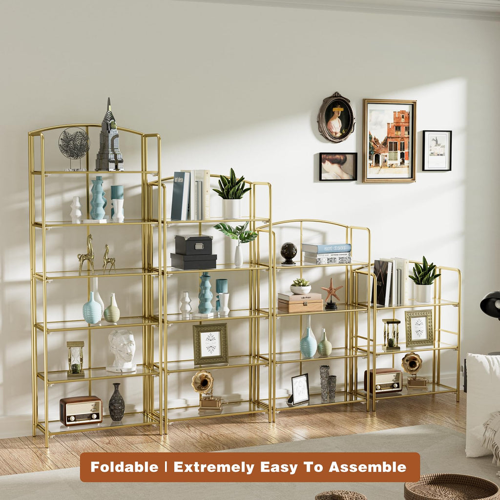 5-Tier Wider Foldable Bookshelf, Gold Frame & Transparent Shelves