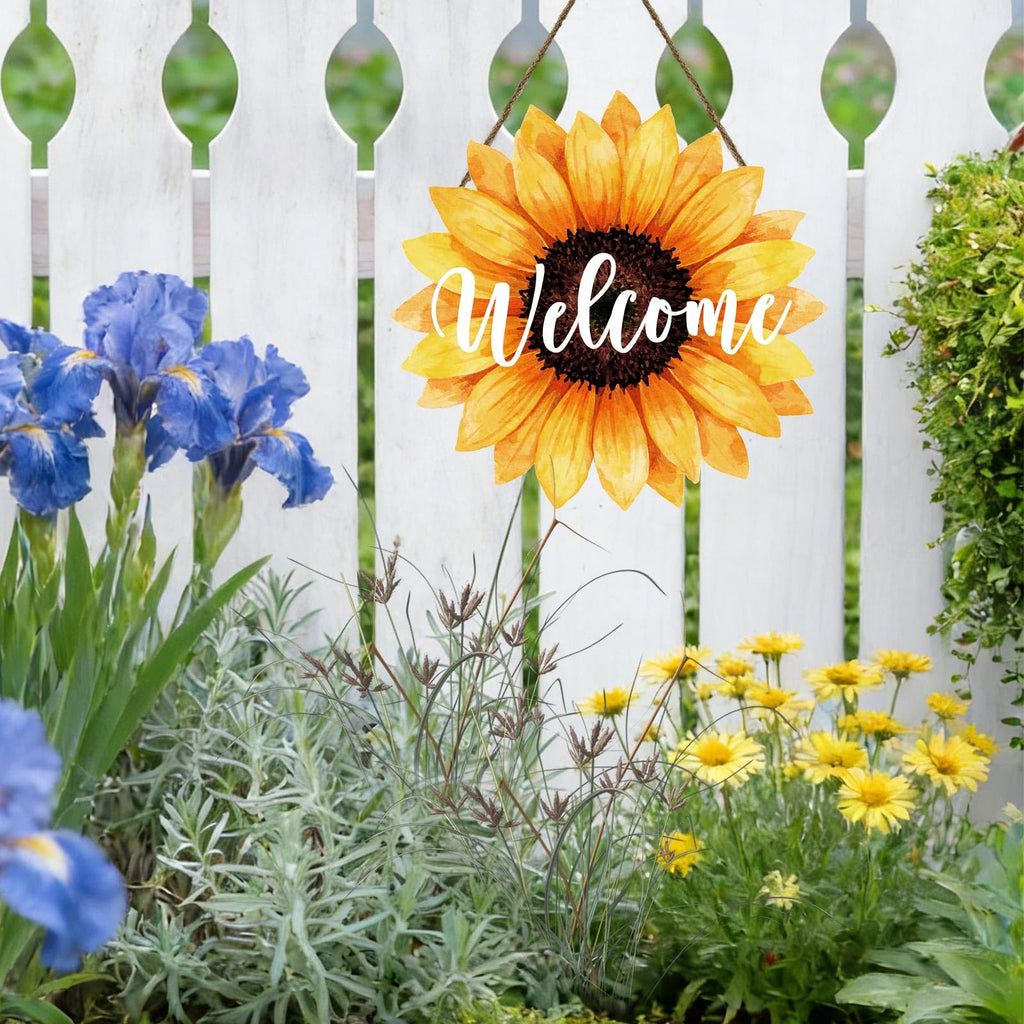 Sunflower Welcome Door Sign for Front Door Spring Summer Sunflower Hanging Wreath 10.9"x10.9" Vintage Gallery Wood