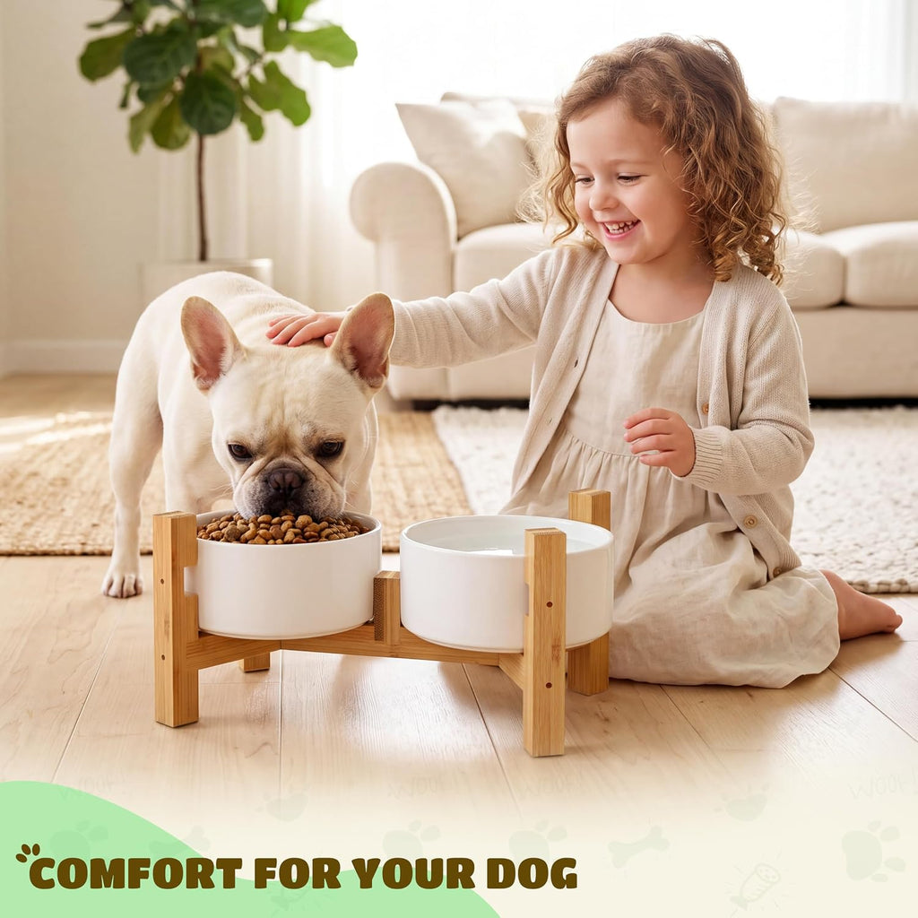 Elevated Dog Bowls with Adjustable Bamboo Stand, Ceramic Dog Food and Water Bowl Set, Raised Dog Bowl for Small &