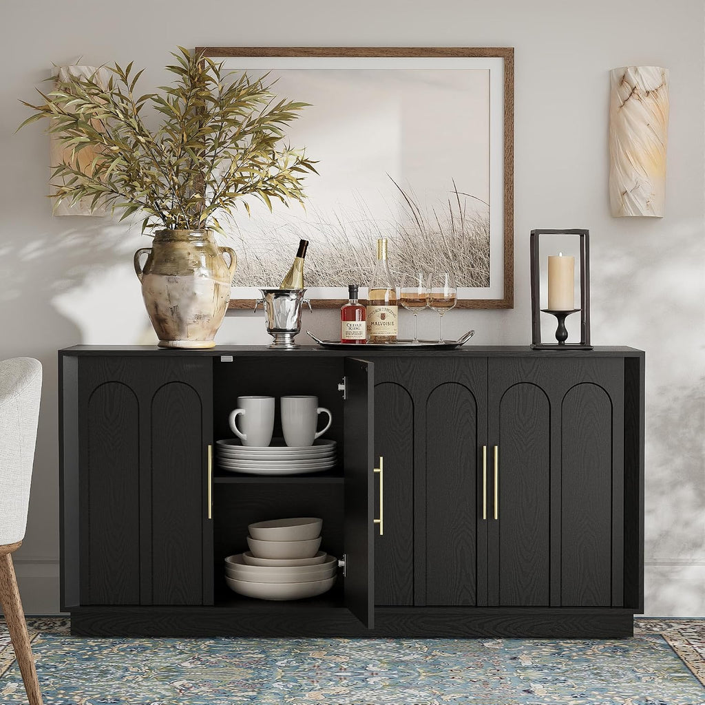 67" Sideboard Buffet Cabinet with Storage, Arched Doors, Black | Modern Minimalist Accent Cabinet with Wood Gain