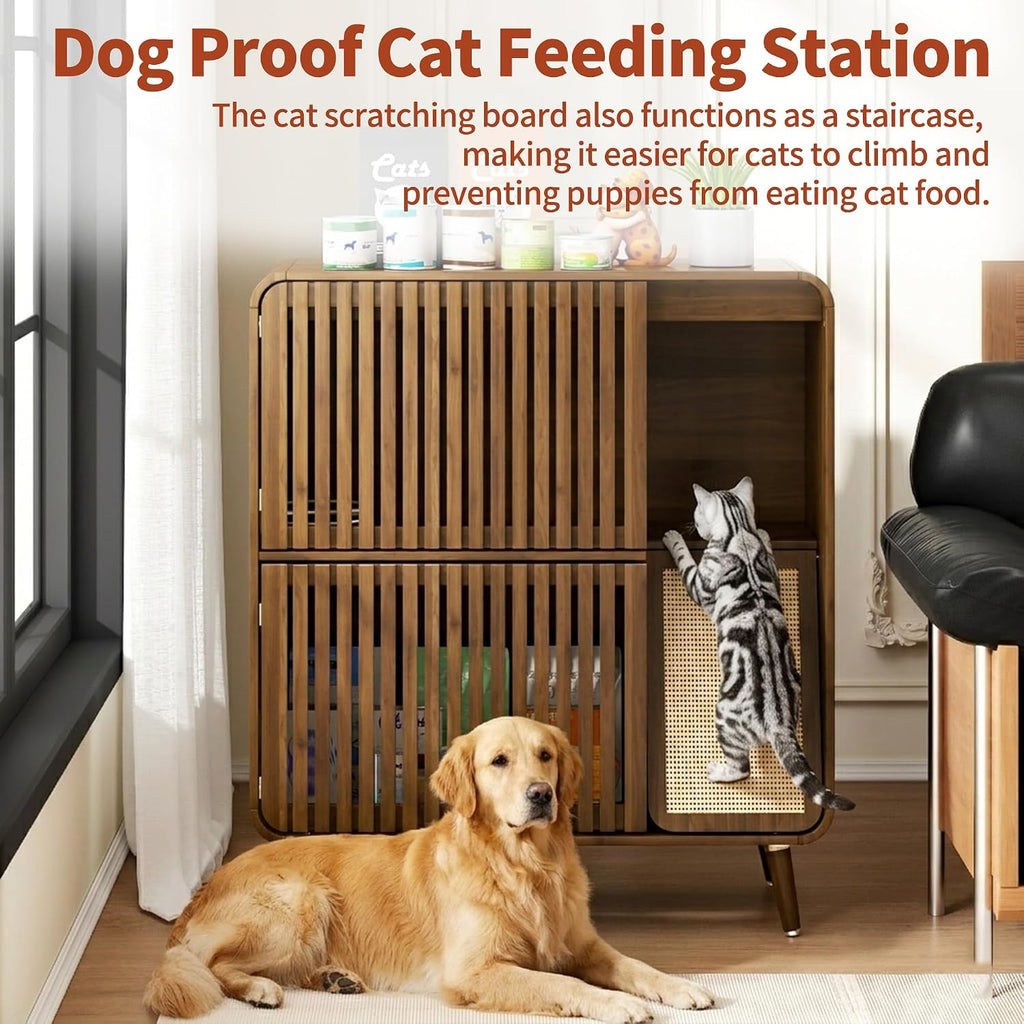 Dog Proof Cat Feeding Station, Cat Feeder Station, Pet Food Storage Walnut