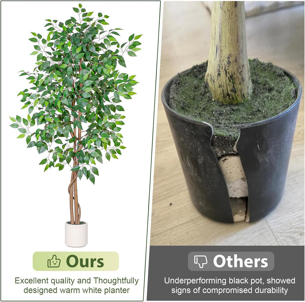 6FT Artificial Ficus Tree with White Planter, Realistic Faux Silk Indoor Outdoor Plant Living Room, Porch, Garden