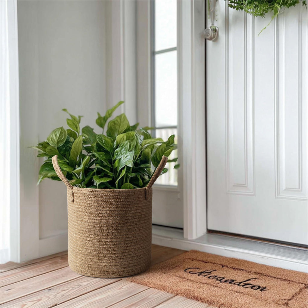 Round Wicker Basket with Handle, 11"x11" Woven Jute Plant Basket for 10" Pot, Indoor Boho Tree Planter, Decorative