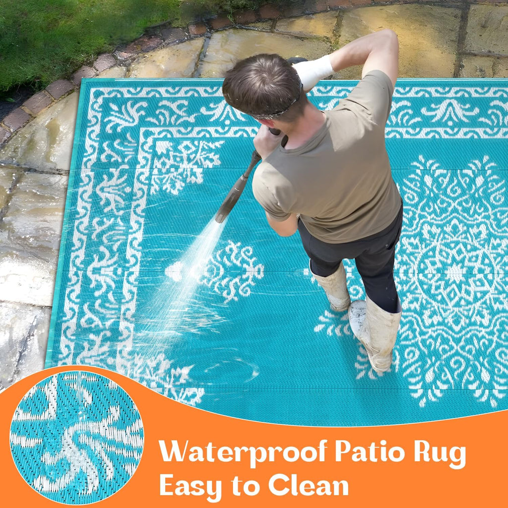 Outdoor Rug Waterproof Plastic Straw Outdoor Patio Rug, Teal
