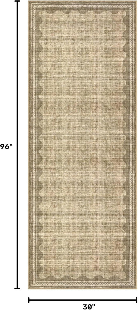 2.5x8 Runner Rug Washable Kitchen Rugs Non Slip Solid Tan Jute Digital Printing Modern Soft Low-Pile Scalloped Indoor