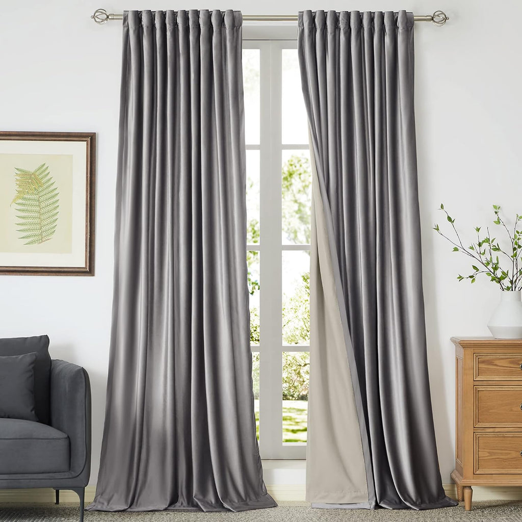 100% Full Blackout Silver Grey Velvet Curtains 96 inch Long,Set of 2 Panels Liner Rod Pocket Back Tab Thermal Window