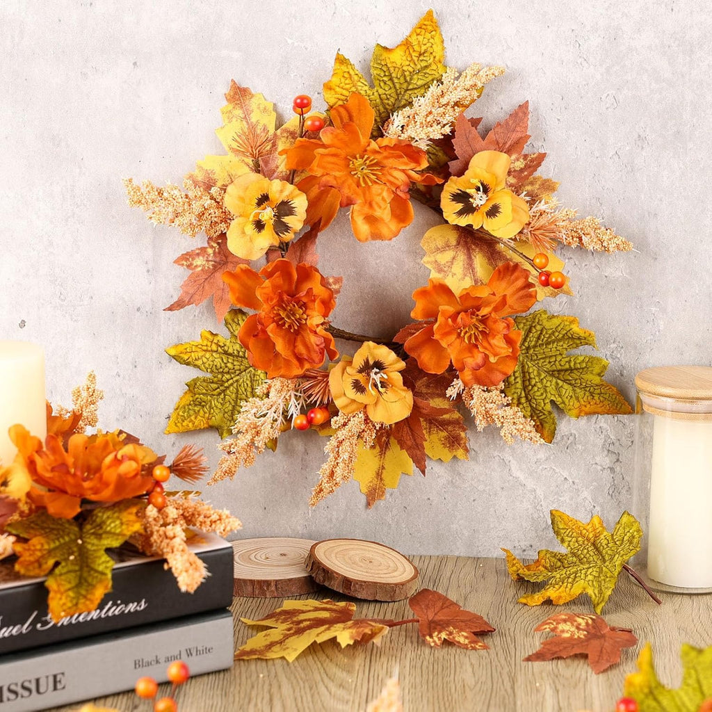 Fall Candle Rings Mini Autumn Floral Candle Wreaths with Berries Table Centerpiece Fall Wreath for Farmhouse - Set of 6