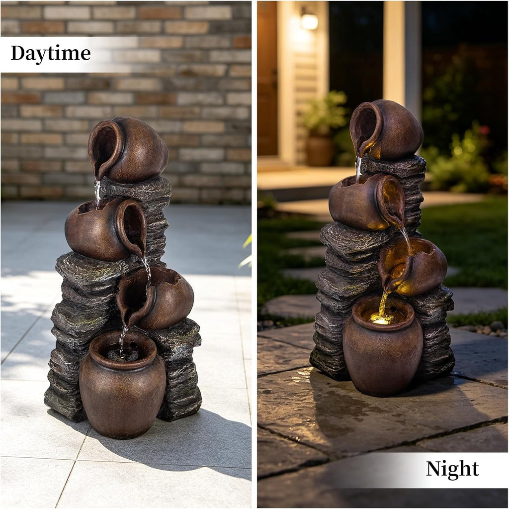 24.8" H Rock & Jar Cascading Water Fountain Outdoor/Indoor, Floor Standing Waterfall Fountain