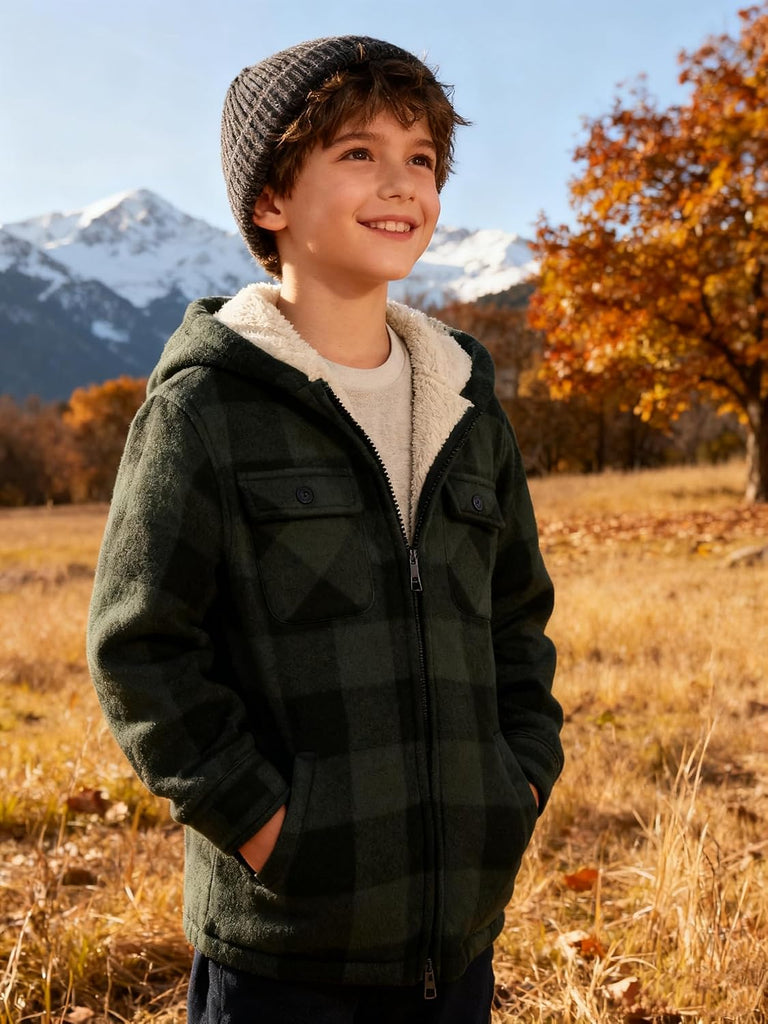Boys Fleece Jacket with Hood Unisex Child Sherpa Lined Zip Up Warm Coat Hooded Sweatshirt Outerwear