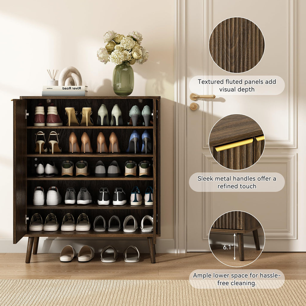 5-Tier Shoe Storage Cabinet with Adjustable Shelves, Walnut丨Fluted Shoe Cabinet with Doors, Wooden Freestanding Shoe
