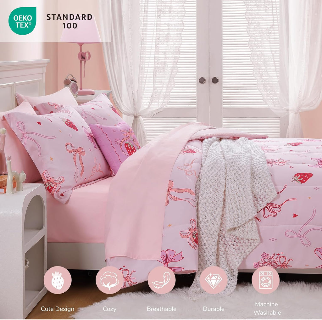 Full Comforter Set for Girls - 4 Pieces Pink Bow Full Bedding Sets for Kids, 1 Comforter, 2 Shams and 1 Decor Pillow