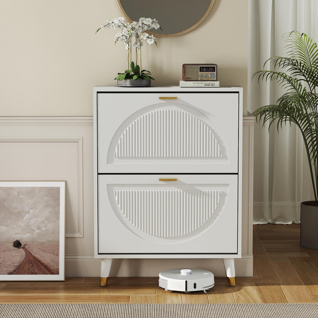 White Narrow Shoe Cabinet Storage with 2 Flip Drawers